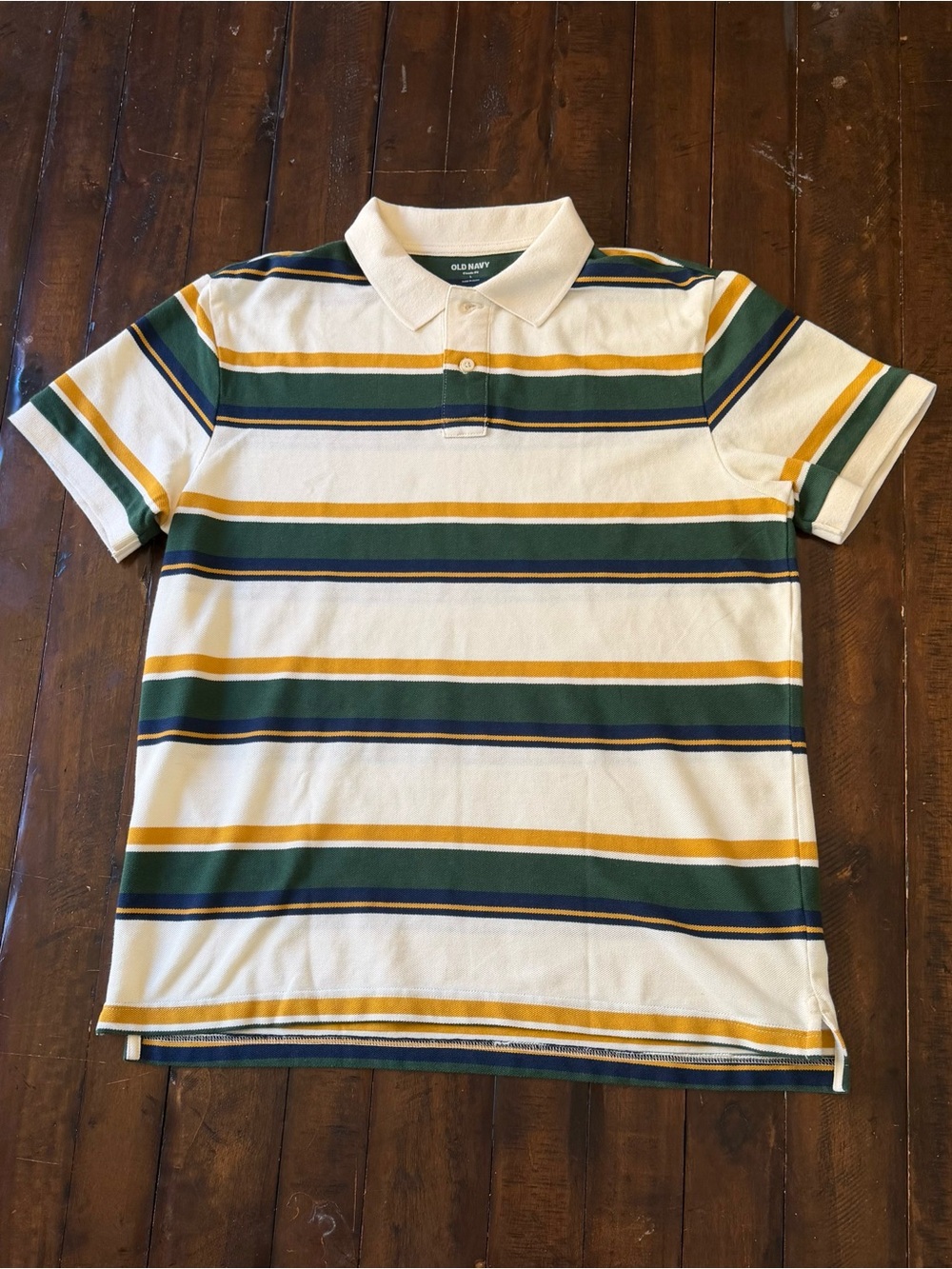 Old Navy Men's L Classic Fit Striped Pique Polo Shirt Cream Green Gold Navy